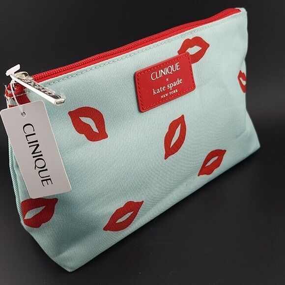 Clinique Handbags - Clinique x Kate Spade Cosmetics Makeup Travel Bag Aqua & Red Lips Print